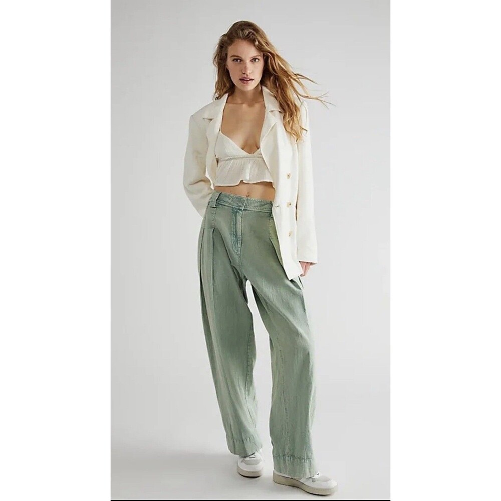 Free People Pants Women One Chance Green Pleated Preppy Slouchy Trouser Sz 4 NWT